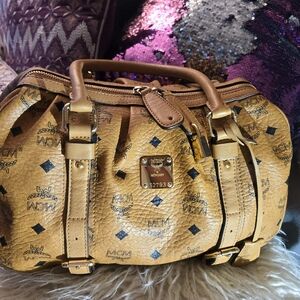 MCM Cognac Boston Satchel with Logo Print Free Lock